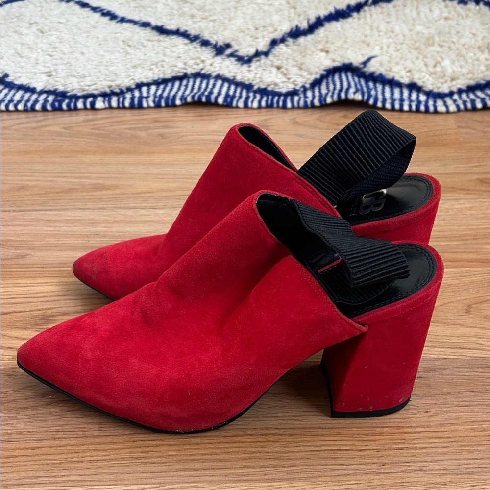 Gianni Bini Red Suede Mules with Black Accents